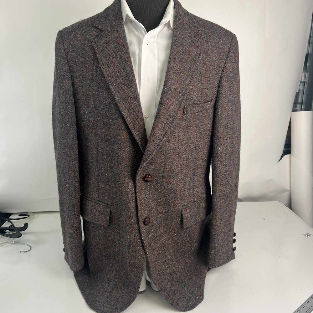 Harris Tweed Blazer Donegal Spec 42 Brown Herringbone Wool Sport Coat USA